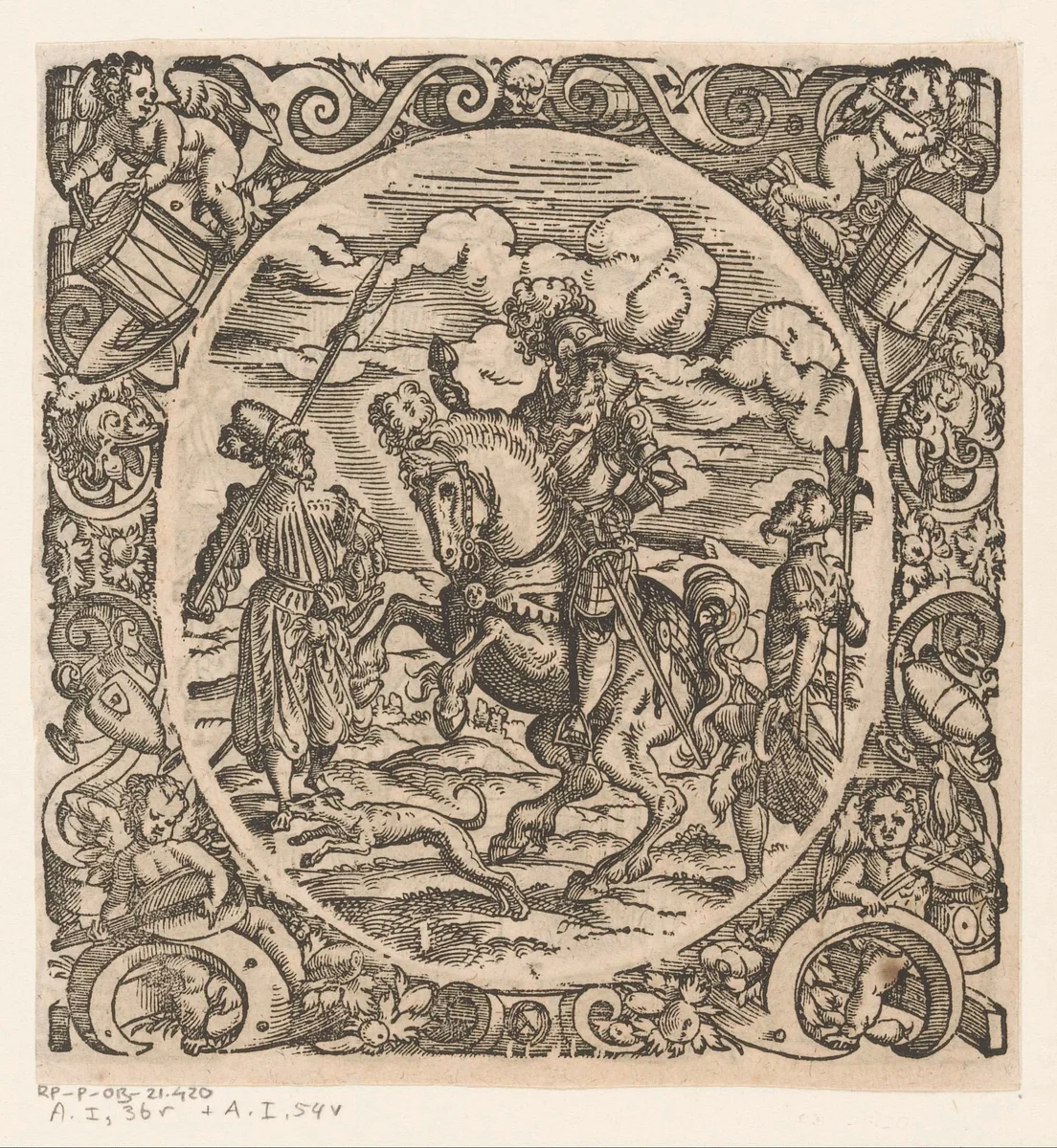 Officier te paard met twee soldaten by Jost Amman, print, 1573-1578