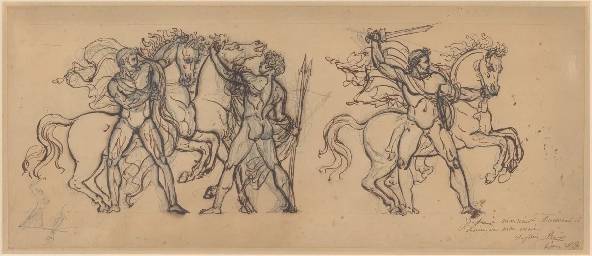 Three Warriors and Their Horses, Study for a Bas Relief Sculpture in the Chateau de Tervueren by François Rude, drawing, 1800-1855