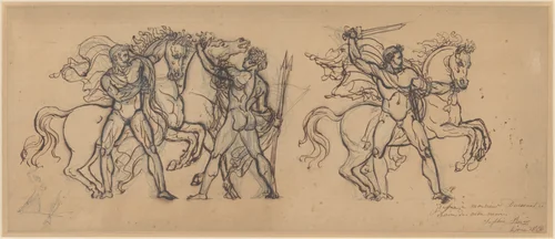 Three Warriors and Their Horses, Study for a Bas Relief Sculpture in the Chateau de Tervueren by François Rude, drawing, 1800-1855