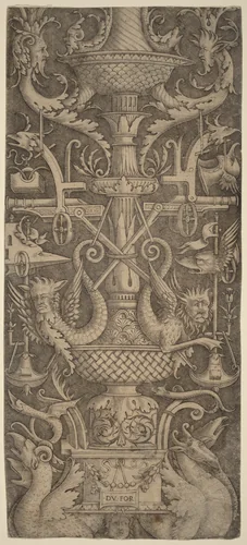Ornament Panel with Dragons, Masks, and Instruments of War by Andrea Zoan, print, 1505