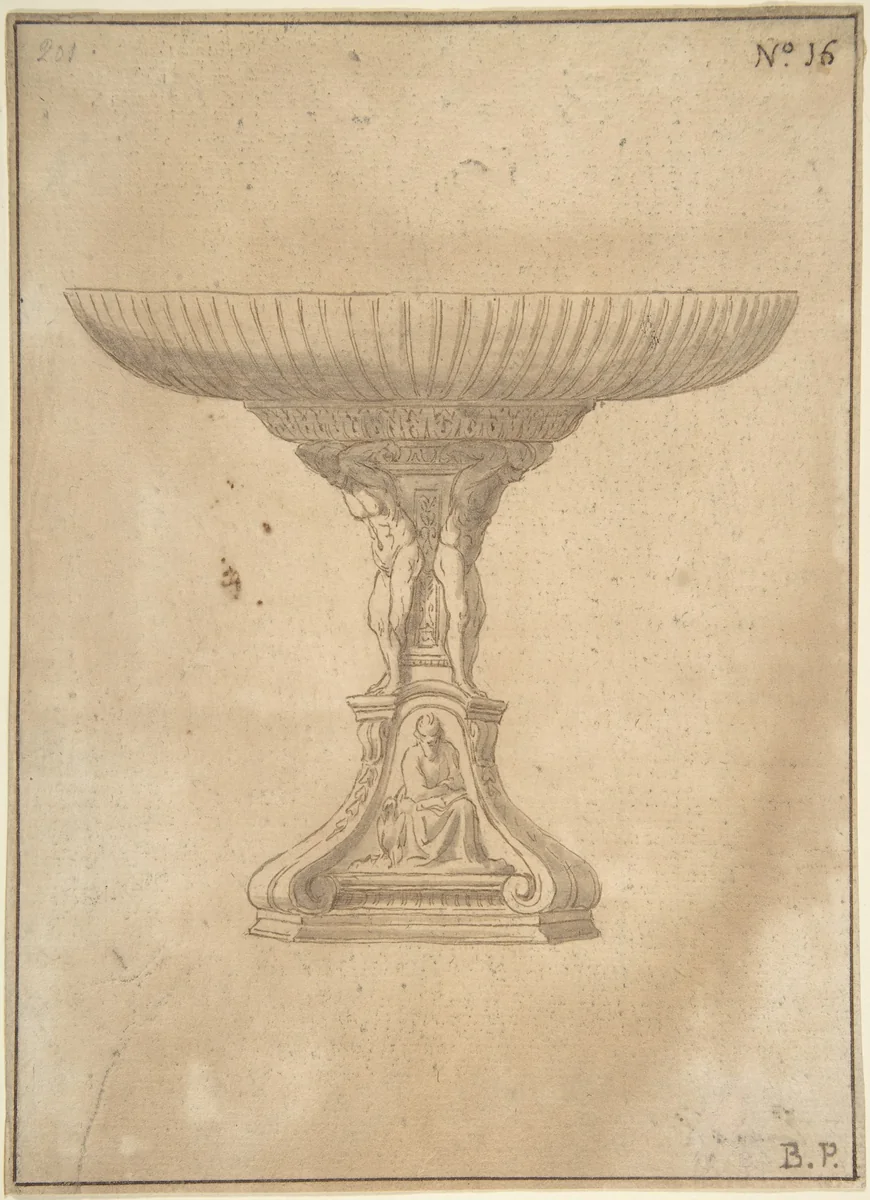 Design for a Cup Supported by Standing Nudes with Standard of Seated Figure with Book and Bird by Jacopo da Empoli, drawing, 1500-1599