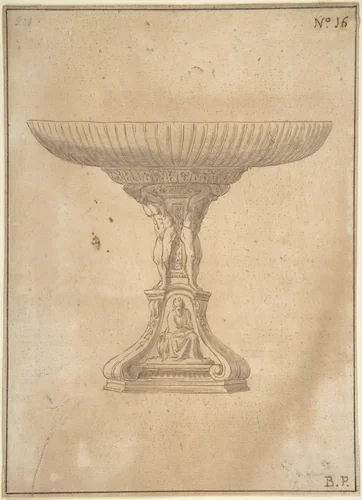 Design for a Cup Supported by Standing Nudes with Standard of Seated Figure with Book and Bird by Jacopo da Empoli, drawing, 1500-1599