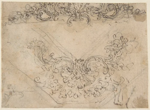 Designs for a Palmette Motif with Tendrils (recto); Studies for a Male Figure and Decorative Sculpture (verso) by Giovanni Battista Foggini, drawing, 1652-1725