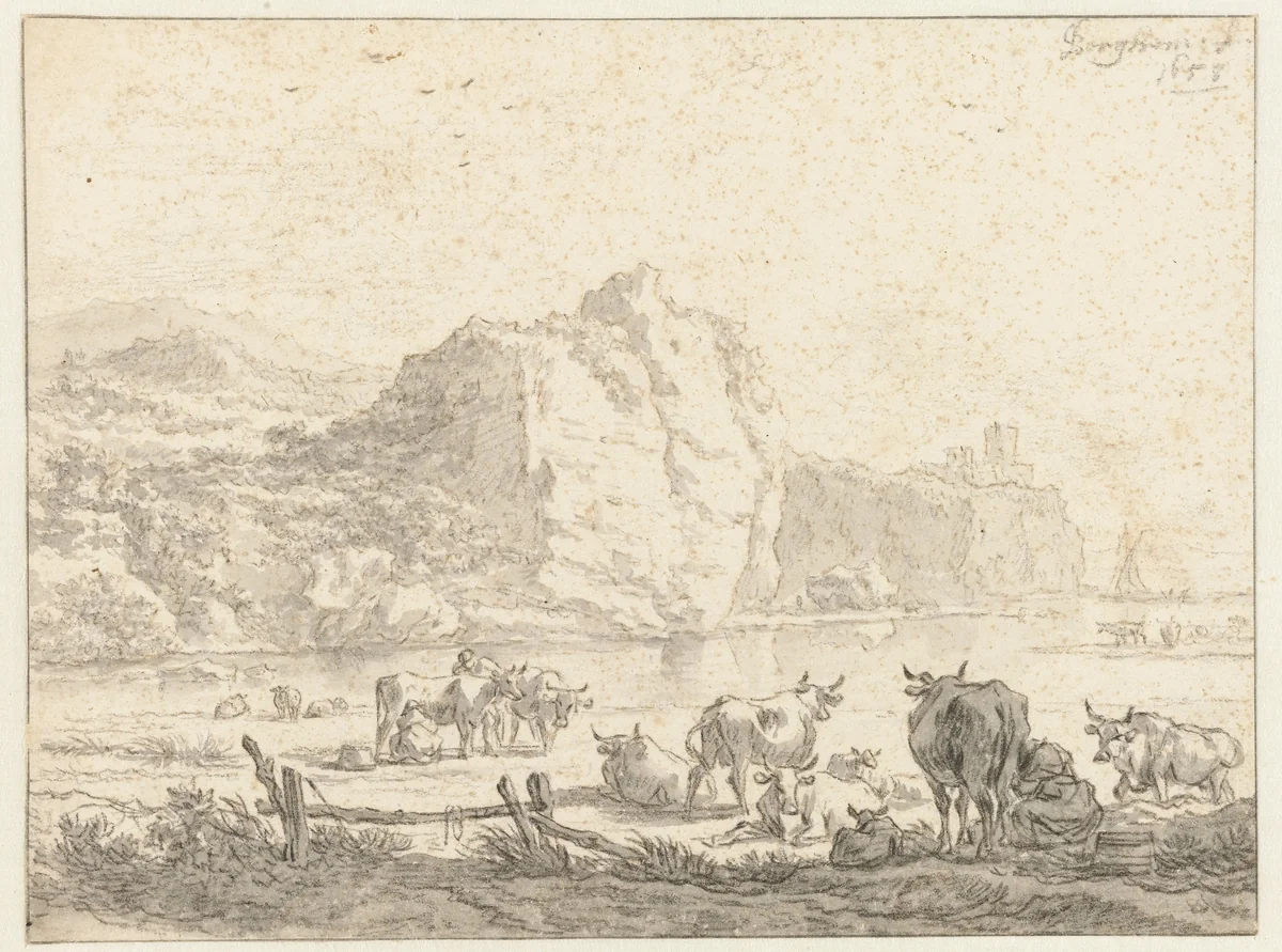 Berglandschap met herders met vee by Nicolaes Pietersz Berchem, drawing, 1655