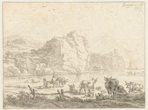 Berglandschap met herders met vee by Nicolaes Pietersz Berchem, drawing, 1655