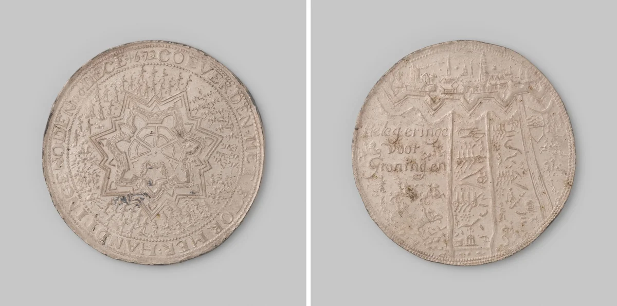 Gedenkpenning van het beleg en ontzet van Groningen en het stormenderhand veroveren van Coevorden by anonymous, metalwork, 1672