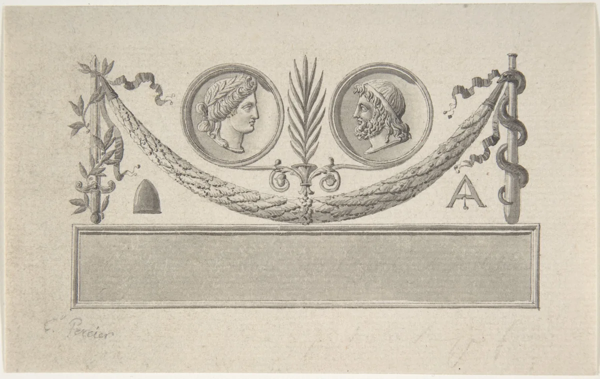 Vignette with Two Portrait Medallions by Charles Percier, drawing, 1764-1838