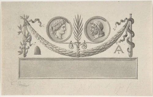Vignette with Two Portrait Medallions by Charles Percier, drawing, 1764-1838