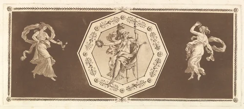 Minerve assisse dans un octagone décoratif, avec une figure à gauche et à doroite (la Nuit et le Jour?) (Minerva seated within an octagonal border, wth a figure at the right and at the left (Night and Day?), from Recueil de Différentes Compositions Frises et Ornements dessinées et gravées à la manière du lavis par La Grenée le Juene Se trouve chez l'Auteur, au Louvre et chez Basan, rue et Hôtel Serpente A Paris, in an album containing Recueil de Compositions par Lagrenée Le Jeune (Collection of Compositions by Lagrenée the Younger) by Jean Jacques Lagrenée, print, 1784