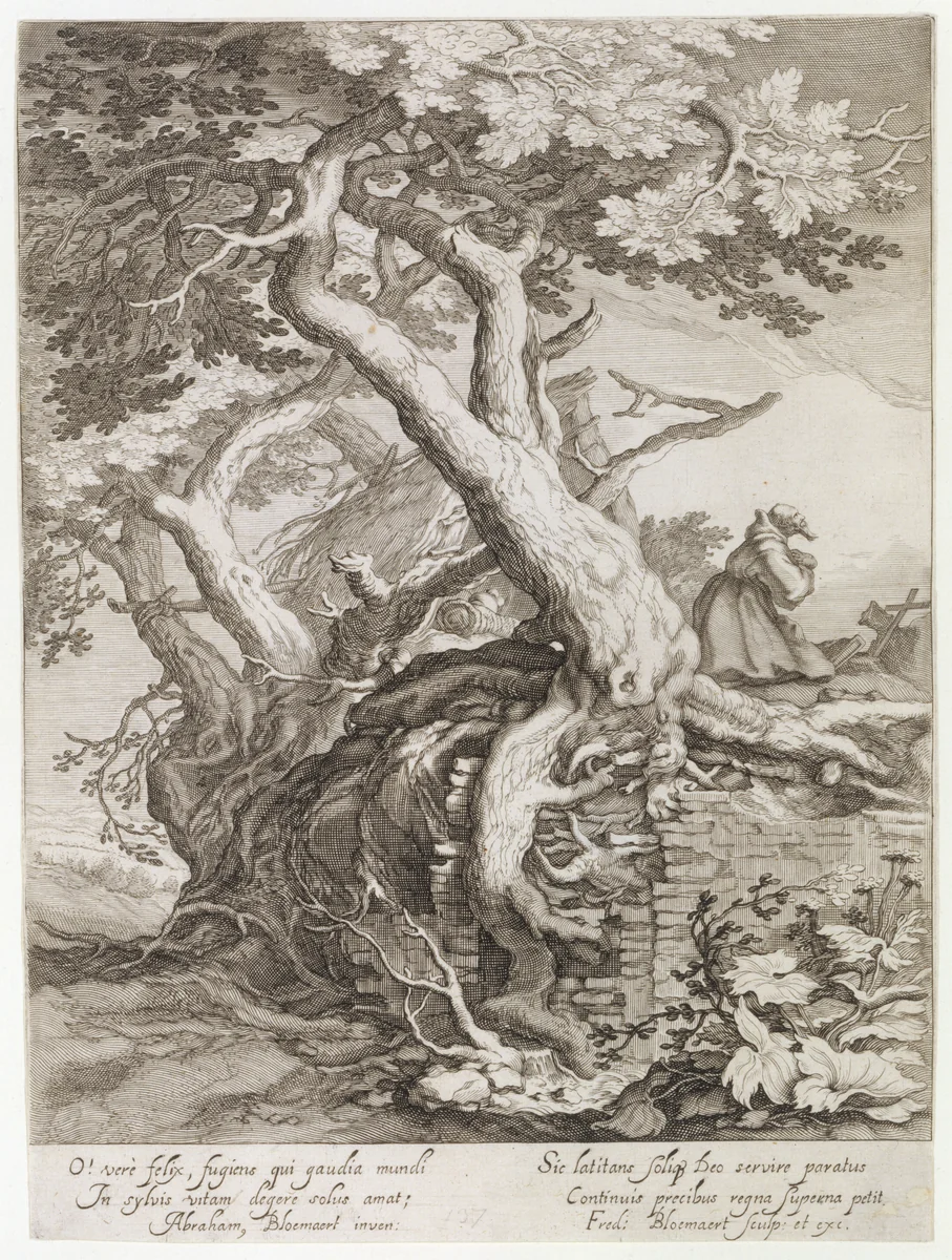 Landscape with a Hermit Praying by Frederick Bloemaert, print, 1566-1674