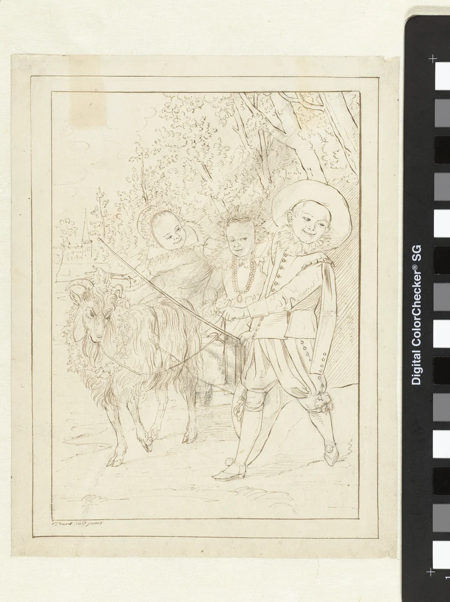 Drie kinderen met een bok by anonymous, drawing, 1800-1900
