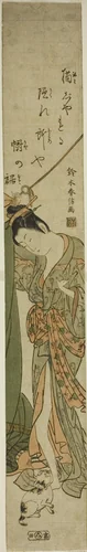 Beauty Looking Down at a Cat while Fixing a Mosquito Net by Suzuki Harunobu (鈴木春信), print, 1755-1768