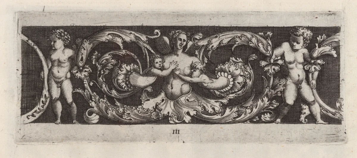 Frieze with Rinceaux, a Siren and Four Children by Enea Vico, print, 1541-1543