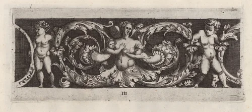 Frieze with Rinceaux, a Siren and Four Children by Enea Vico, print, 1541-1543