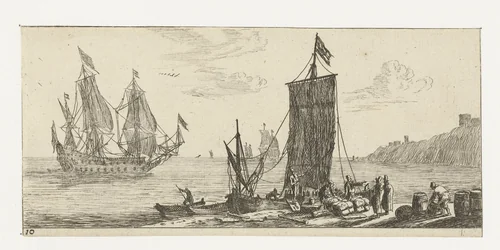 Baai met een hoeker en een oorlogsschip by Reinier Nooms, print, 1651-1652