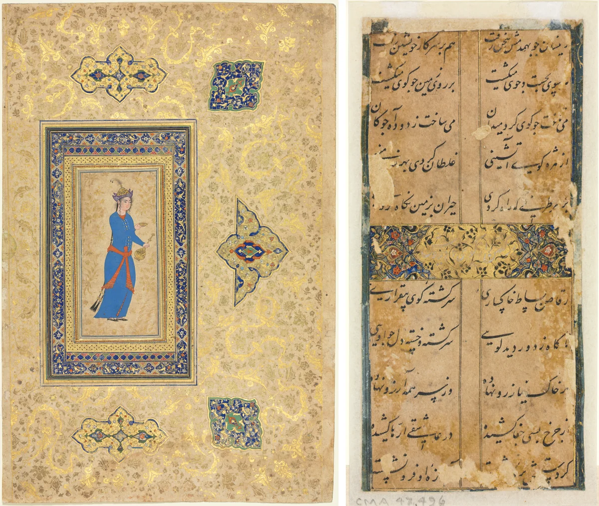 Princess with Wine Bottle and Cup (recto); Persian Verses (verso) by Unknown, manuscript, 1400-1600