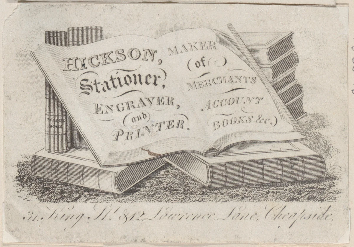 Trade Card for Hickson, Stationer, Engraver, and Printer by anonymous, print, 1800-1900