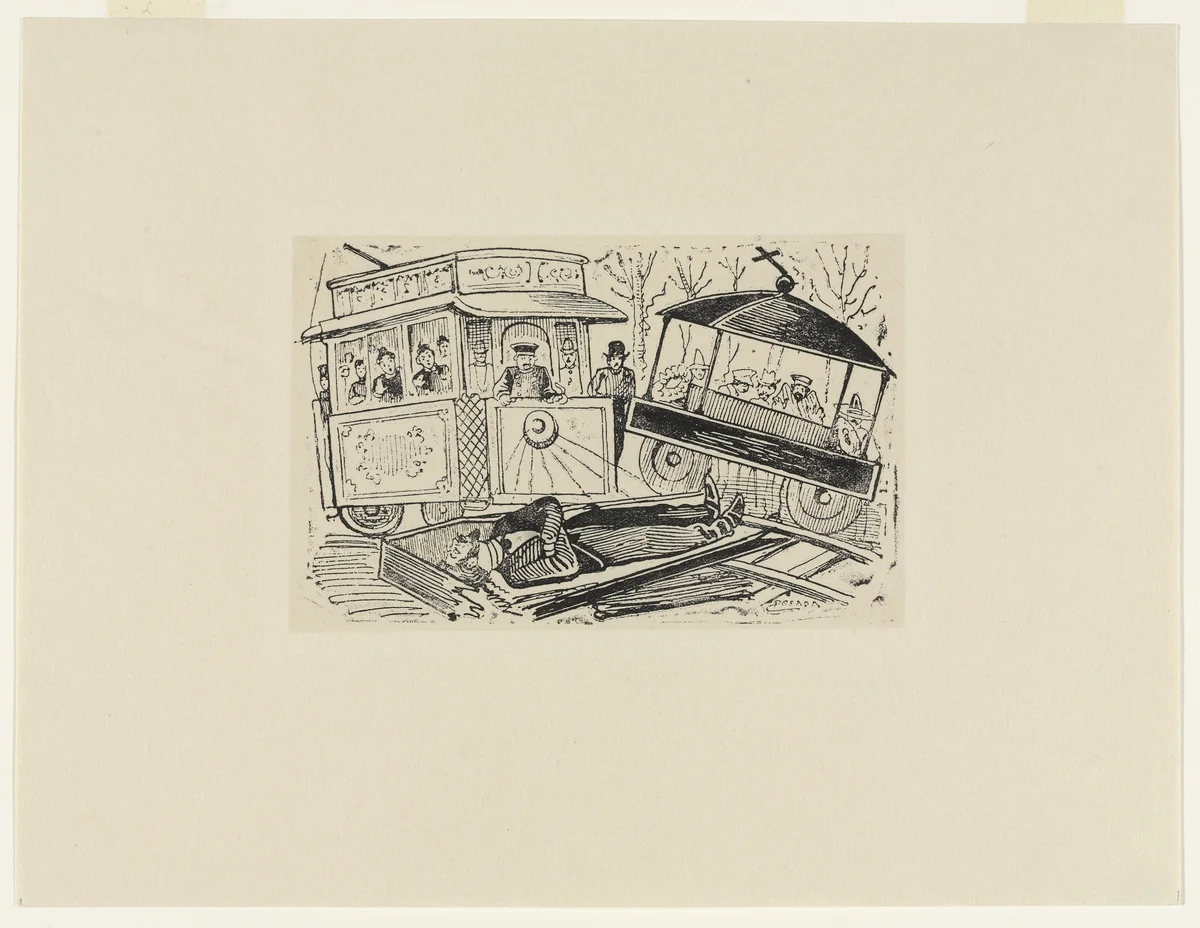 A Mishandled Death - Collision Of a Trolley Car With a Hearse (Choque de un électrico con un carro fúnebre), A Mishandled Death - Collision of a Trolley Car with a Hearse by José Guadalupe Posada, print