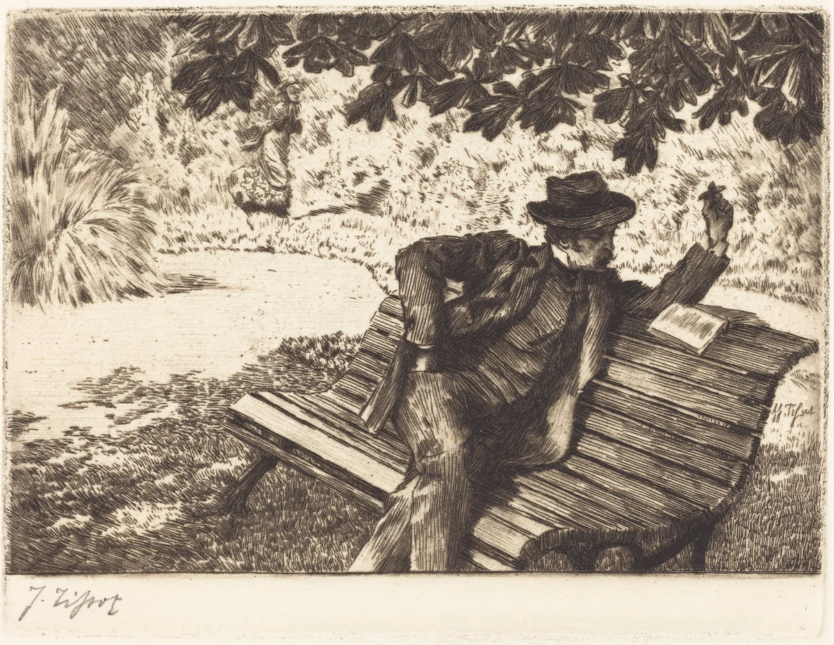 Denoisel Reading in the Garden by James Jacques Joseph Tissot, print, 1882