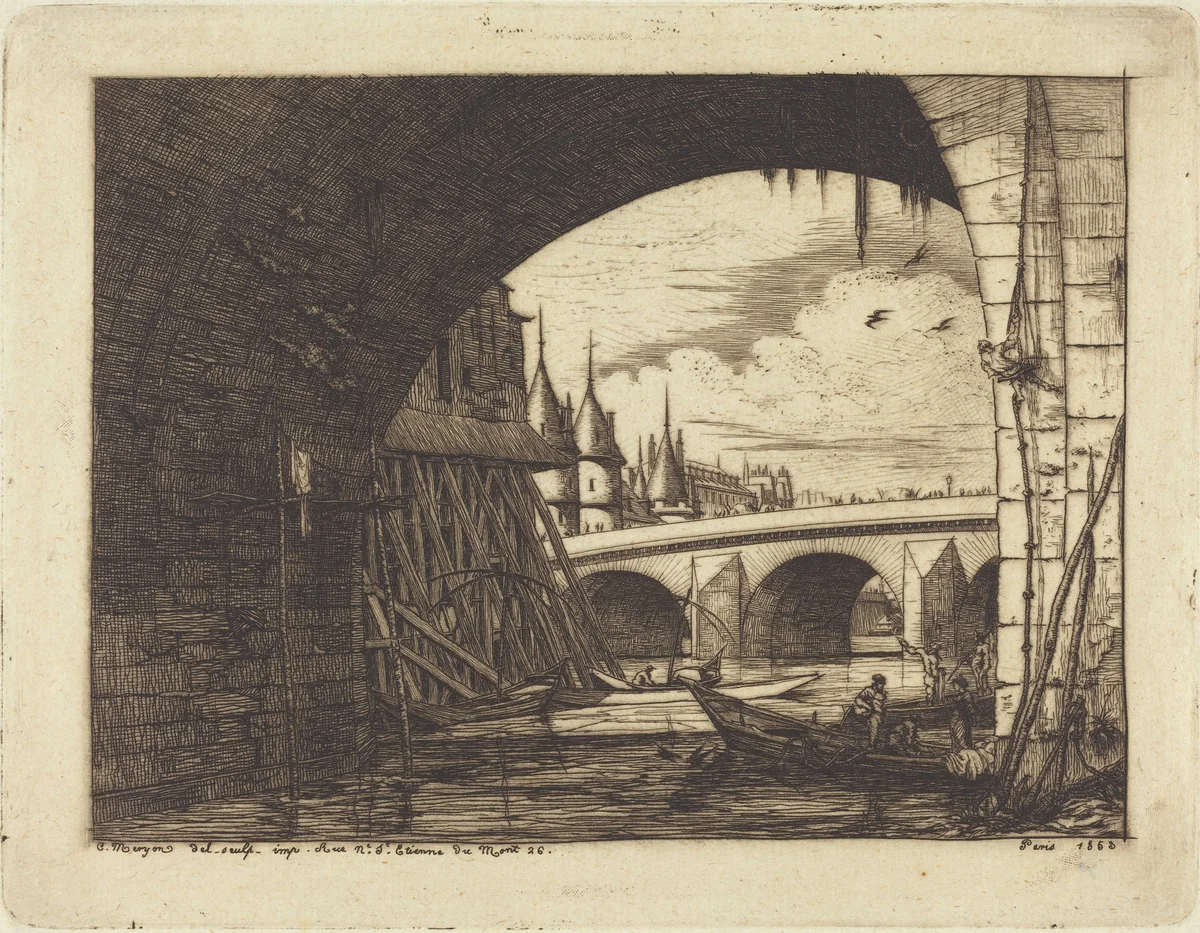L'arche du Pont Notre-Dame, Paris (An Arch of the Notre-Dame Bridge, Paris) by Charles Meryon, print, 1853