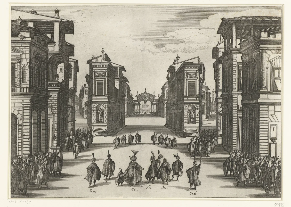 Illustratie bij de vierde acte van de tragedie 'Il Solimano' by Jacques Callot, print, 1619-1620