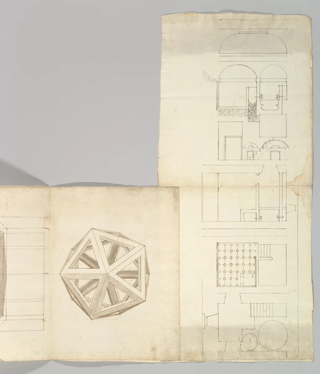 Unidentified , orthographic study, plans and section (recto) Rhomicuboctahedron, skeletal, perspective; elevation, perspective projection (verso) by anonymous, drawing, 1500-1560
