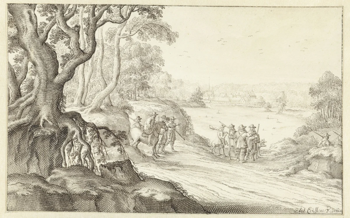 Jagers in een heuvelachtig landschap by Anton Crussens, drawing, 1630-1670