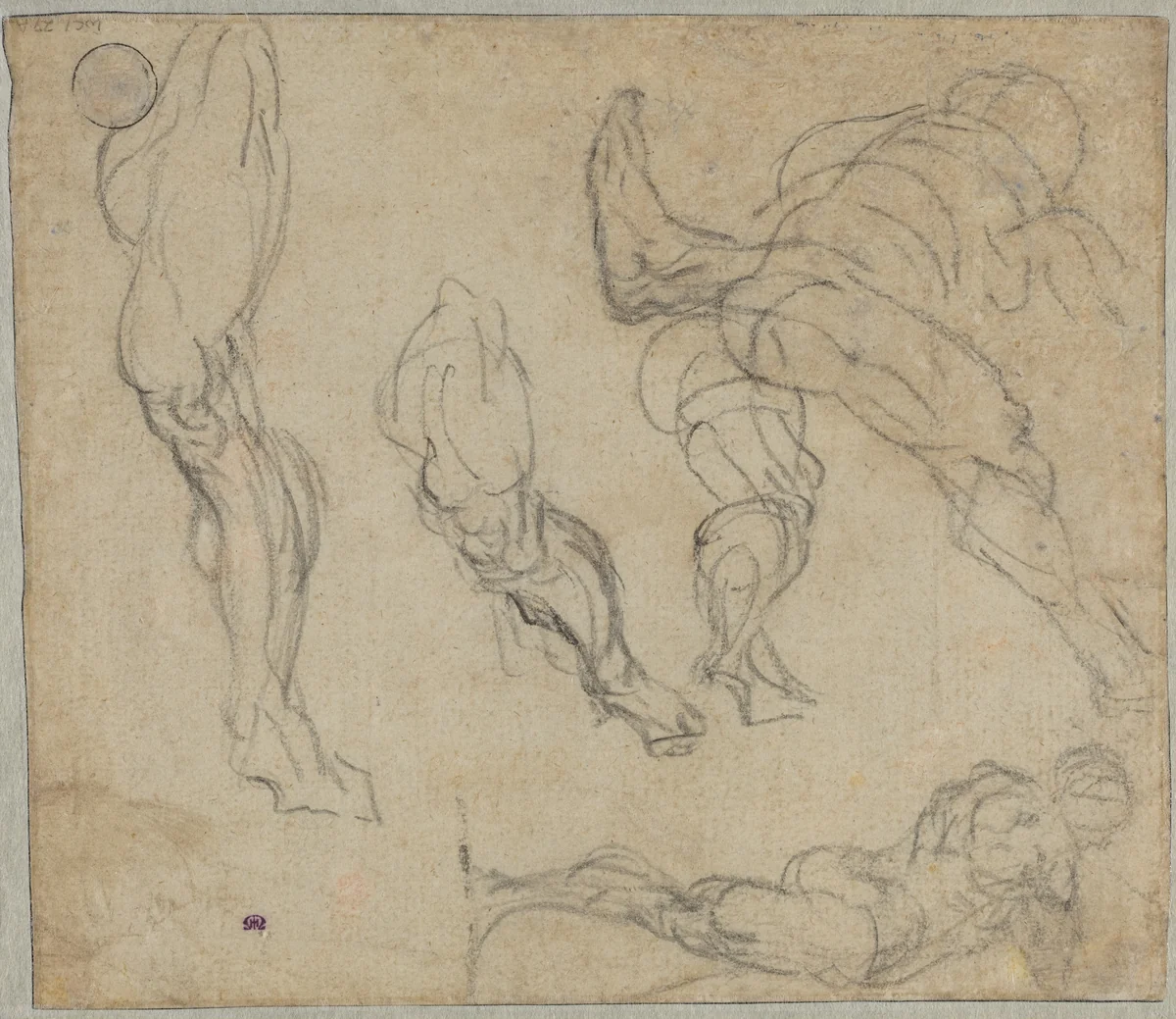 Figures and Legs (verso) by Jacopo Tintoretto; Giorgione, drawing, 1575-1580