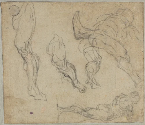 Figures and Legs (verso) by Jacopo Tintoretto; Giorgione, drawing, 1575-1580