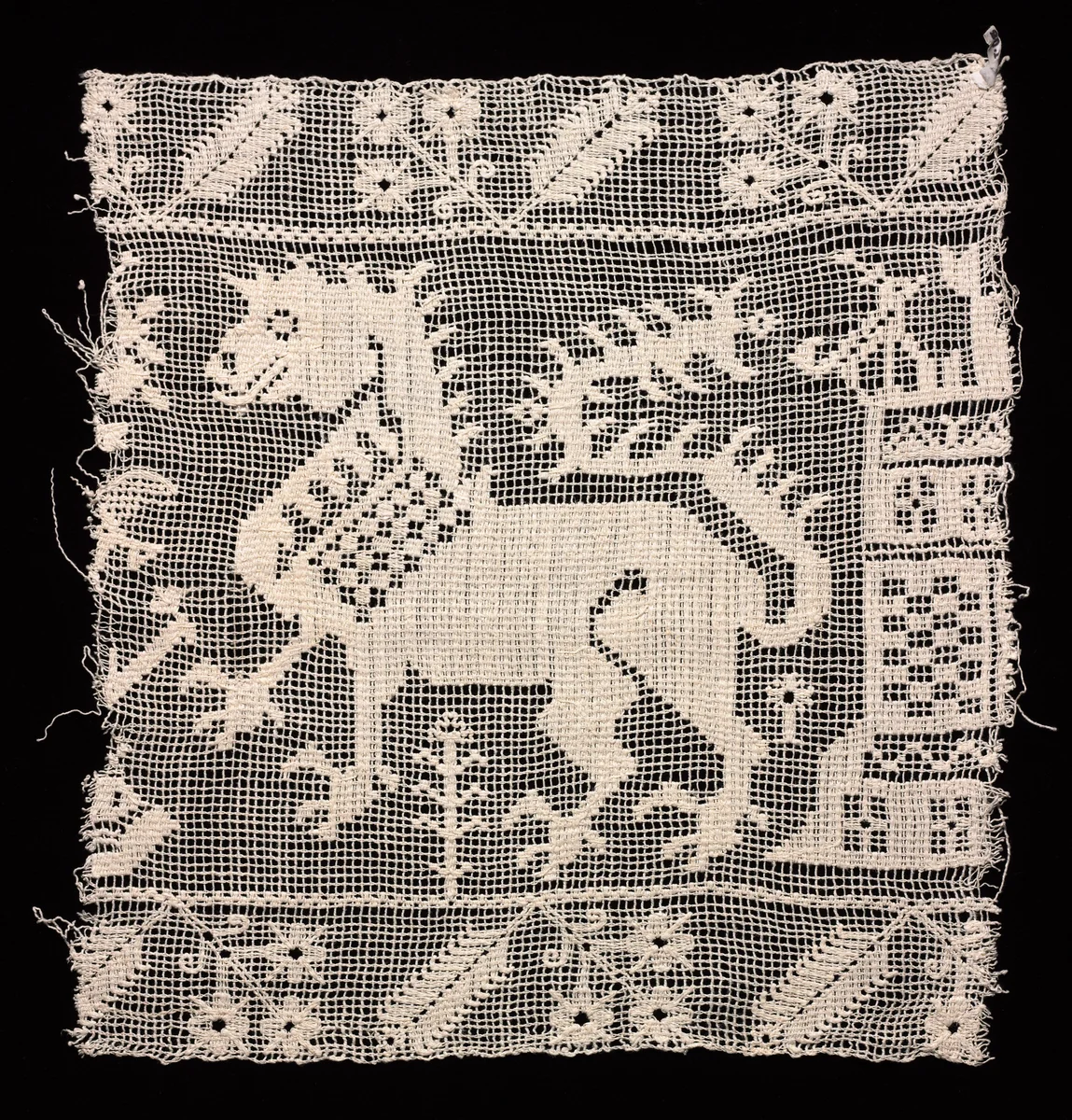 Fragment of a Band with Dragon, Castle, and Vegetation by Unknown, textile, 1500-1599