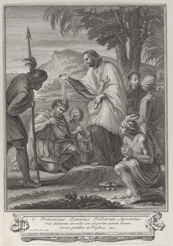 Saint Francis Xavier baptizing the Indians by anonymous, print, 1714-1774