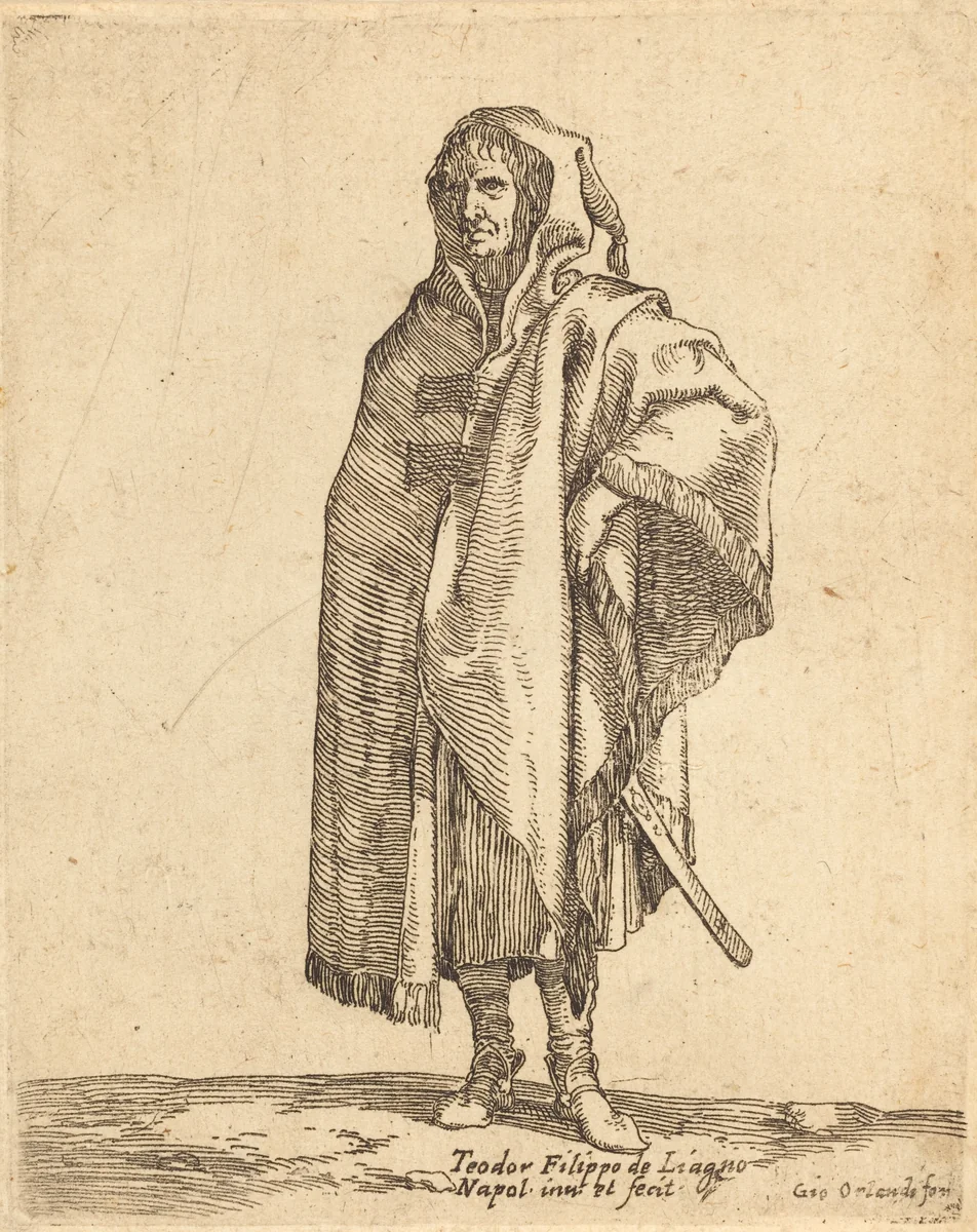 Standing Soldier in a Long Cloak by Teodoro Filippo di Liagno, print, 1585-1629