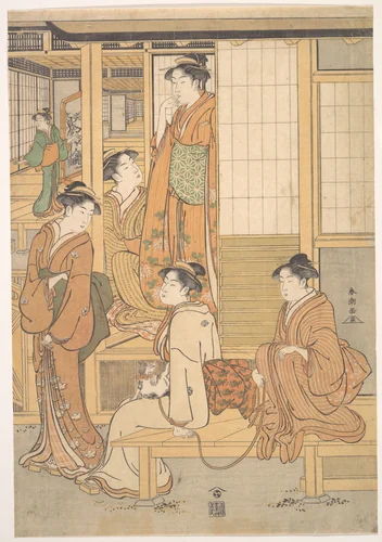 Group of Young Women on the Veranda of a Tea House by Katsukawa Shunchō (勝川春潮), print, 1780-1795