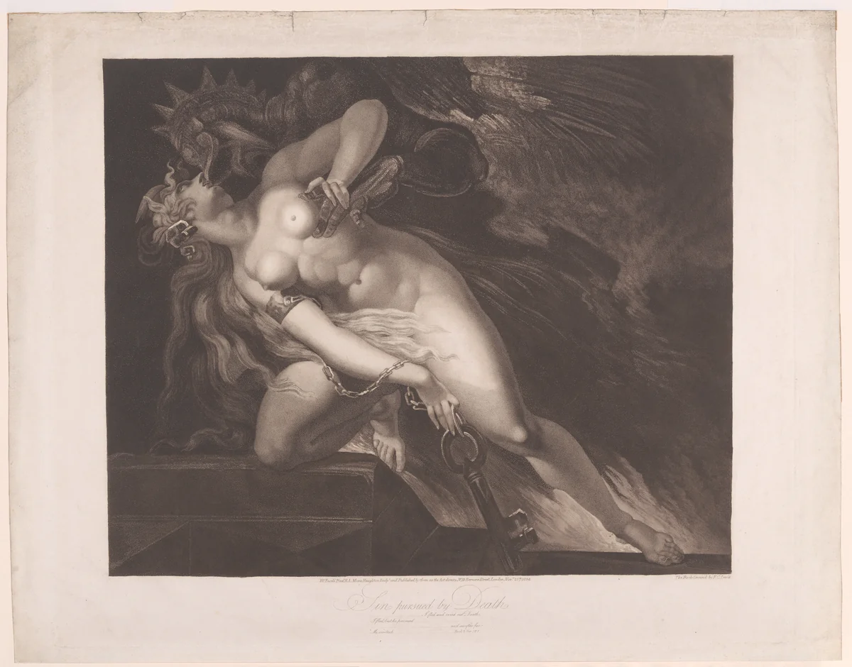 Sin Pursued by Death (John Milton, Paradise Lost, Book 2, 787, 790-792) by Moses Haughton, print, 1804