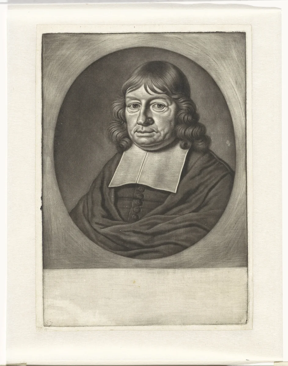 Portret van de remonstrantse dominee Isaac Pontanus by Michiel van Musscher, print, 1655-1705