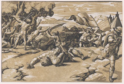 David and Goliath by Ugo da Carpi, print, 1515-1525