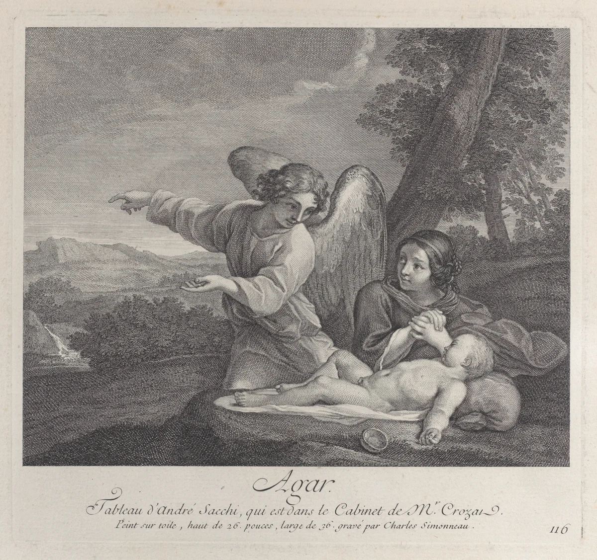 The angel appearing to Hagar in the wilderness as she folds her hands next to the sleeping Ishmael by Charles Simonneau, print, 1700-1728