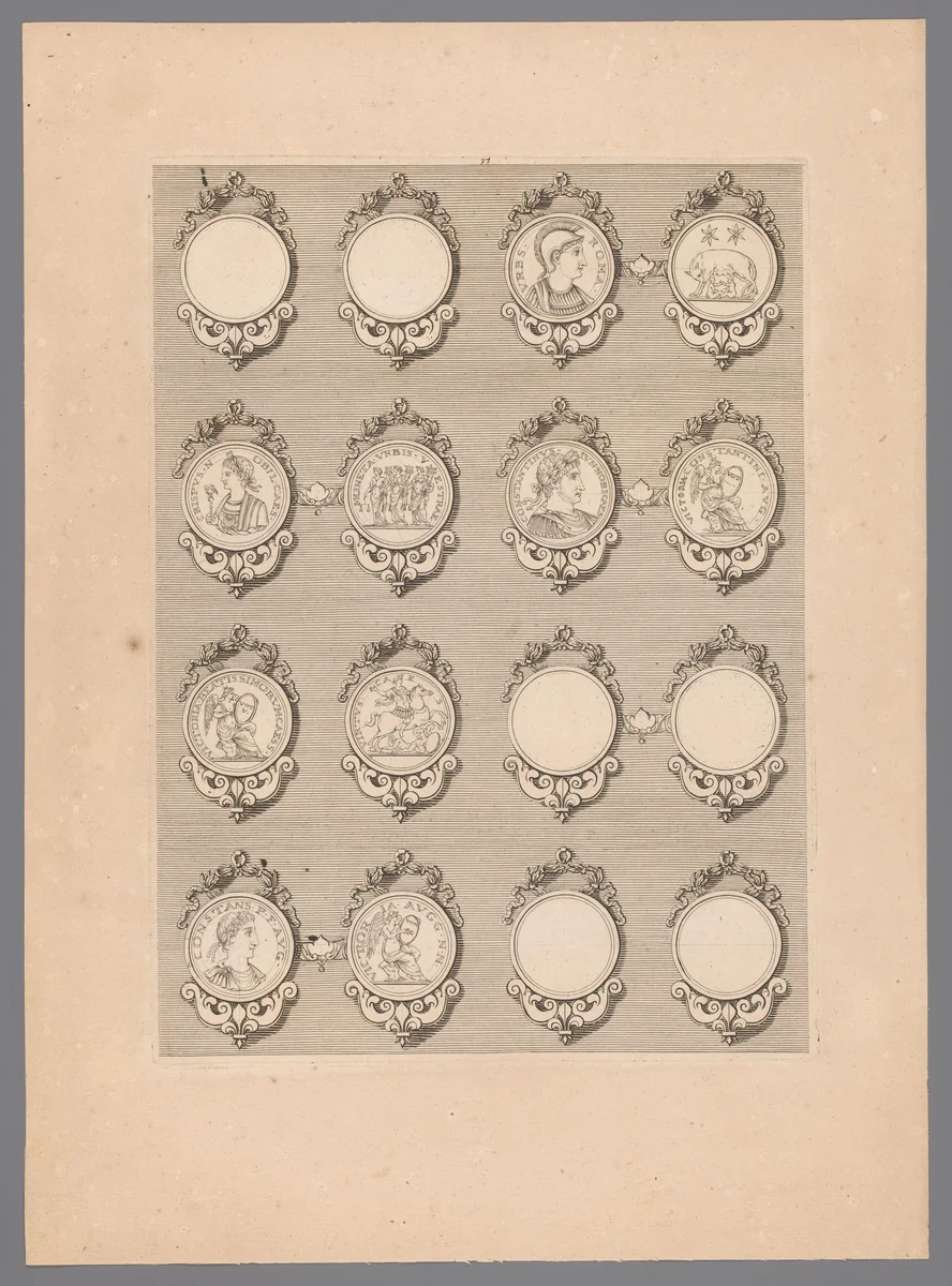 Zestien penningen met versierde lijsten, waarvan zes blanco by Simon de la Boissière, print, 1647-1682