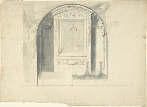 Design for a Chapel or Niche (Recto); Design for Decoration with Putto Head and Rinceau (Verso) by anonymous, drawing, 1600-1699