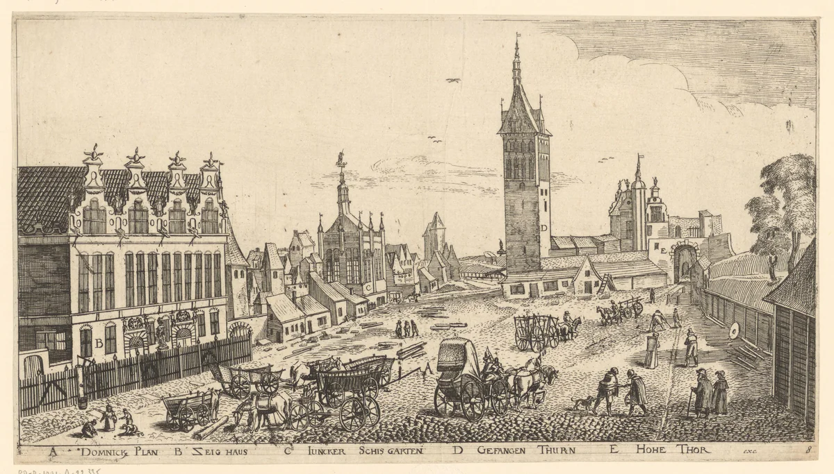 Gezicht op de gevangenistoren in Danzig, gezien vanuit het noorden by Aegidius Dickmann, print, 1625