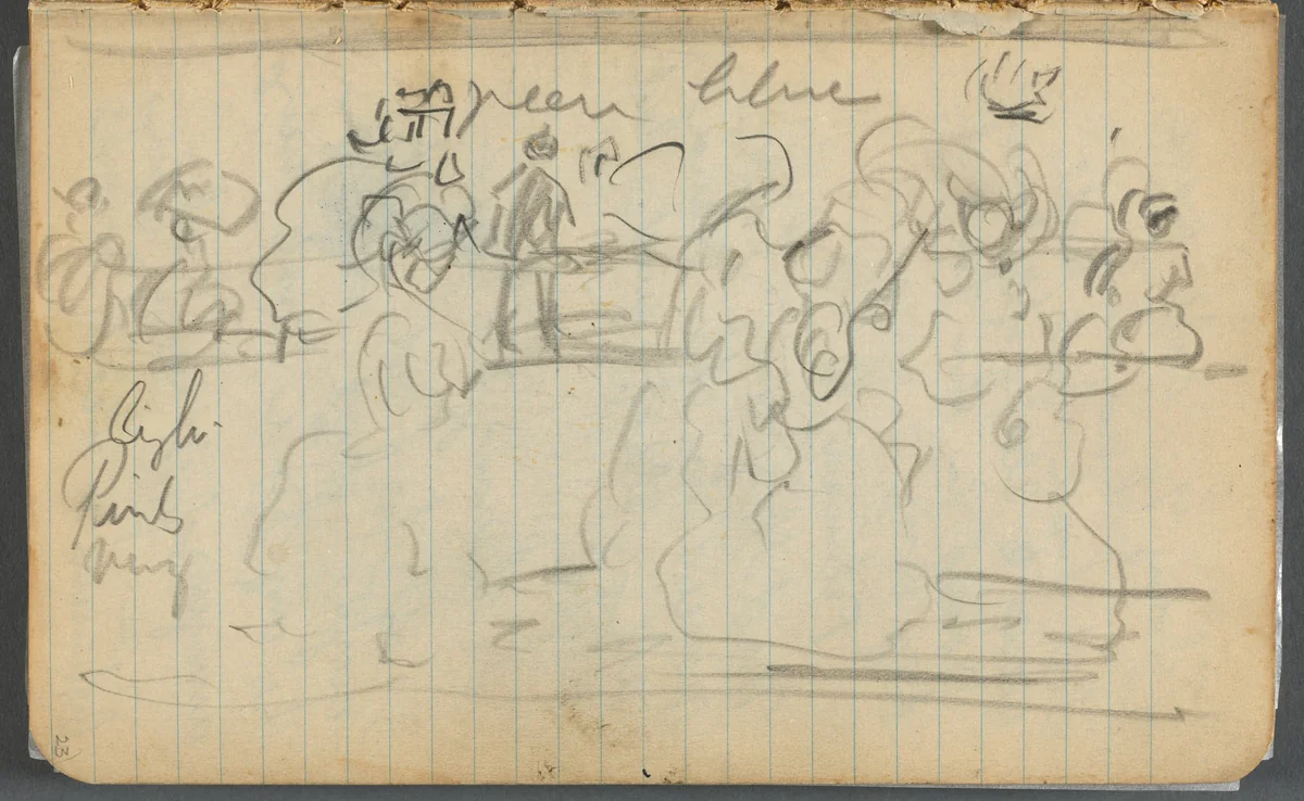 Sketchbook, page 023:Figures in Landscape with Notes by Maurice Prendergast, book, 1905-1910