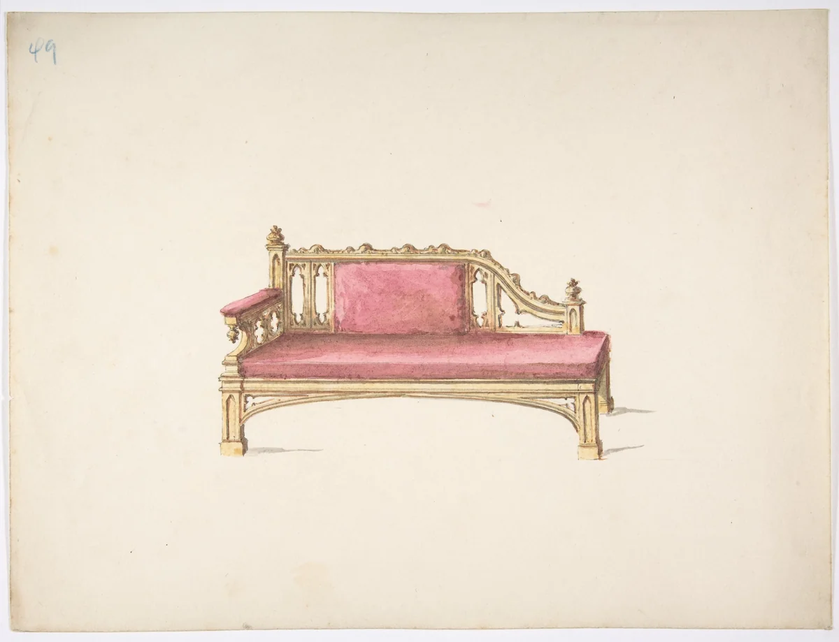 Design for a Gothic Style Sofa Upholstered in Red by anonymous, drawing, 1800-1850