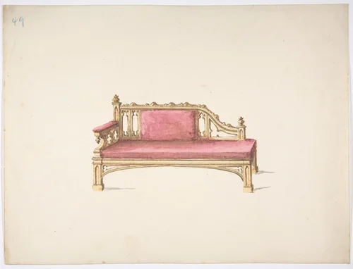 Design for a Gothic Style Sofa Upholstered in Red by anonymous, drawing, 1800-1850