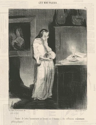Femme de lettre humanitaire se livrant sur l'homme ... by Honoré Daumier, print, 1844