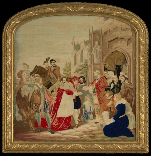Needlework picture of scene from Shakespeare’s "Henry VIII" by Agnes Strain, artwork, 1860-1870