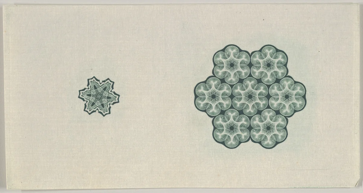 Banknote motif: two six-lobed lathe work ornaments by Cyrus Durand, print, 1819-1847