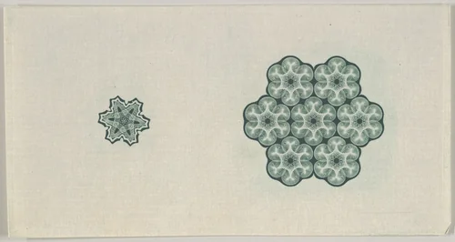 Banknote motif: two six-lobed lathe work ornaments by Cyrus Durand, print, 1819-1847