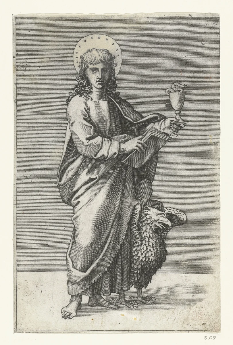 Apostel Johannes de Evangelist met miskelk en adelaar by Marcantonio Raimondi, print, 1517-1527