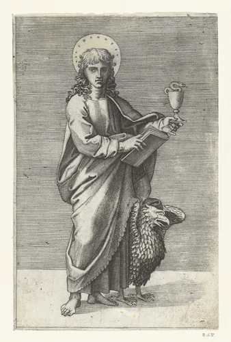 Apostel Johannes de Evangelist met miskelk en adelaar by Marcantonio Raimondi, print, 1517-1527