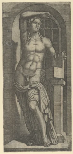 Apollo partly naked standing in a niche, left hand resting on an open box by Marcantonio Raimondi, print, 1495-1532
